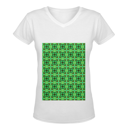 Green Gold Moroccan Lattice Diamonds Quilt Women's Deep V-neck T-shirt (Model T19)