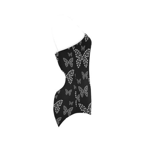 Black and White Butterflies Flowers Pattern Strap Swimsuit ( Model S05)