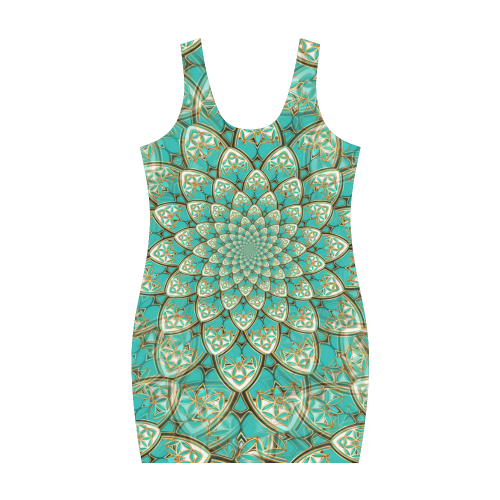 LOTUS FLOWER PATTERN gold turquoise white Medea Vest Dress (Model D06)