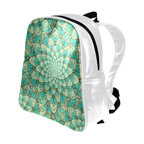 LOTUS FLOWER PATTERN gold turquoise white Multi-Pockets Backpack (Model 1636)