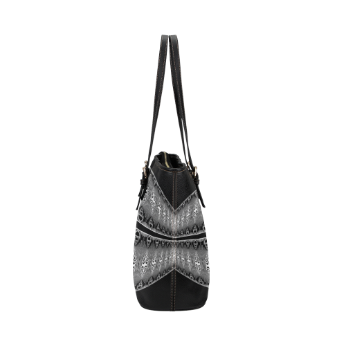 Kaleidoscope Fractal BORDER black white grey Leather Tote Bag/Large (Model 1651)