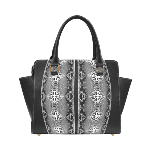 Kaleidoscope Fractal BORDER black white grey Rivet Shoulder Handbag (Model 1645)