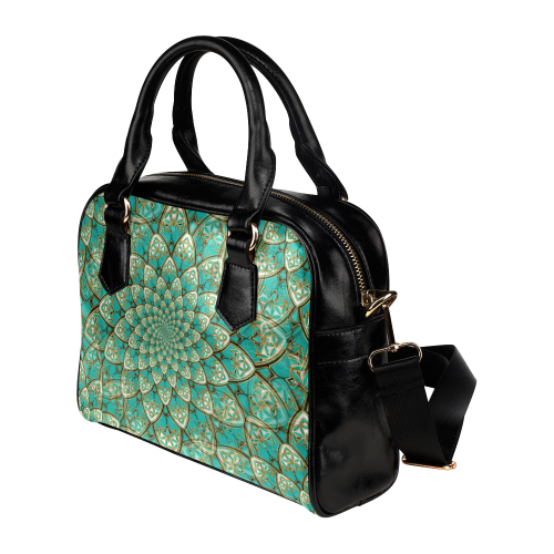 LOTUS FLOWER PATTERN gold turquoise white Shoulder Handbag (Model 1634)