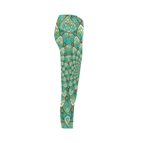 LOTUS FLOWER PATTERN gold turquoise white Capri Legging (Model L02)