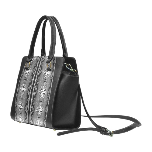 Kaleidoscope Fractal BORDER black white grey Rivet Shoulder Handbag (Model 1645)