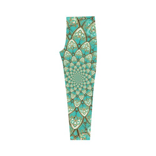 LOTUS FLOWER PATTERN gold turquoise white Capri Legging (Model L02)