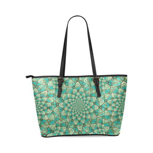 LOTUS FLOWER PATTERN gold turquoise white Leather Tote Bag/Small (Model 1640)