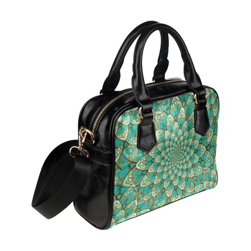 LOTUS FLOWER PATTERN gold turquoise white Shoulder Handbag (Model 1634)