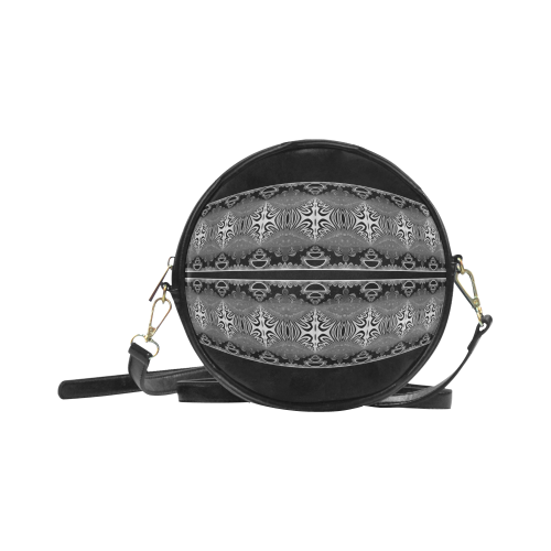 Kaleidoscope Fractal BORDER black white grey Round Sling Bag (Model 1647)