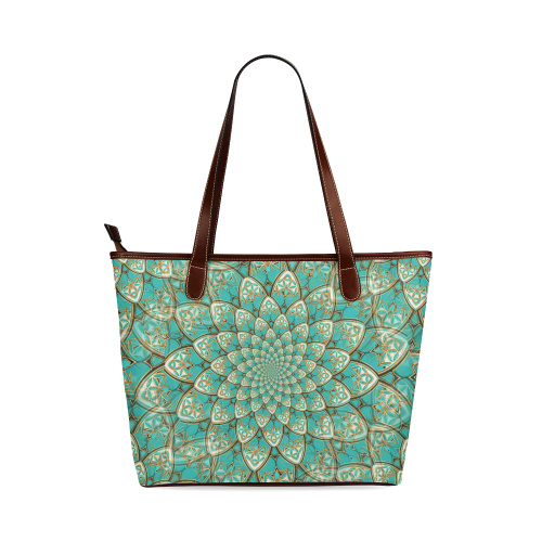 LOTUS FLOWER PATTERN gold turquoise white Shoulder Tote Bag (Model 1646)
