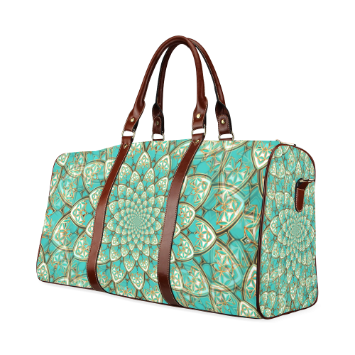 LOTUS FLOWER PATTERN gold turquoise white Waterproof Travel Bag/Large (Model 1639)