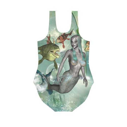 Beautiful dark mermaid with fantasy fish Vest One Piece Swimsuit (Model S04)