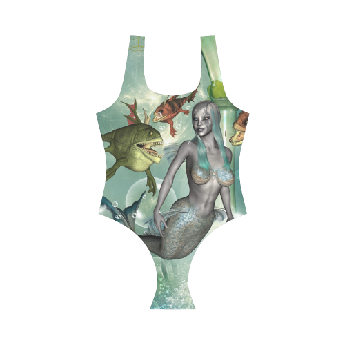 Beautiful dark mermaid with fantasy fish Vest One Piece Swimsuit (Model S04)