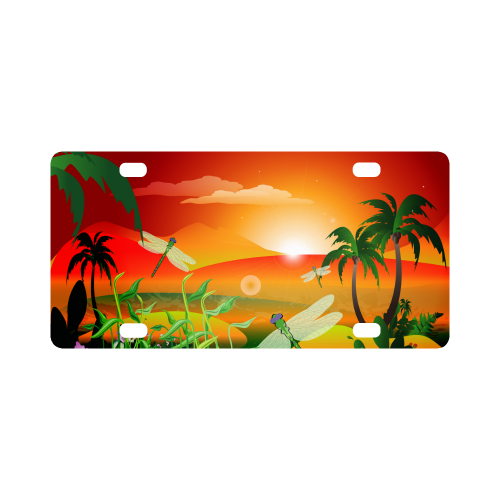 Cartoon fantasy world with dragonflies Classic License Plate