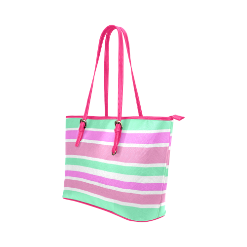 Pink Green Stripes Pattern Leather Tote Bag/Large (Model 1651)