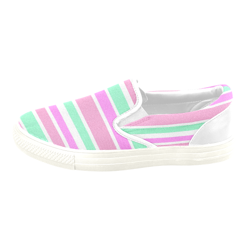 Pink Green Stripes Pattern Women's Unusual Slip-on Canvas Shoes (Model 019)