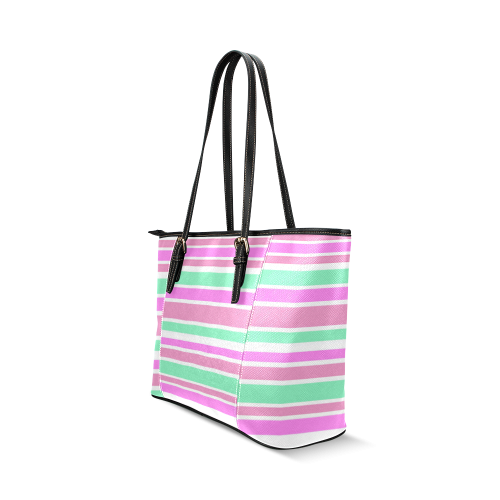 Pink Green Stripes Pattern Leather Tote Bag/Large (Model 1640)