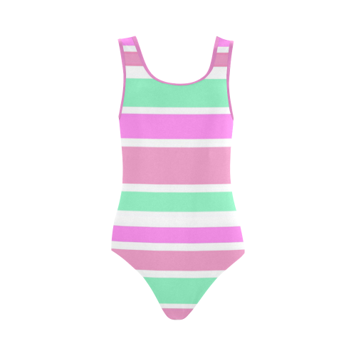 Pink Green Stripes Pattern Vest One Piece Swimsuit (Model S04)