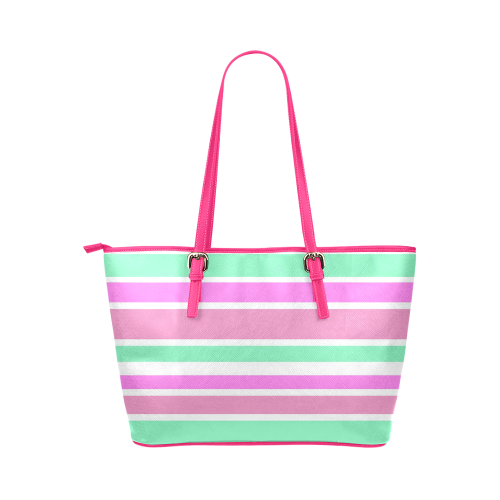 Pink Green Stripes Pattern Leather Tote Bag/Large (Model 1651)