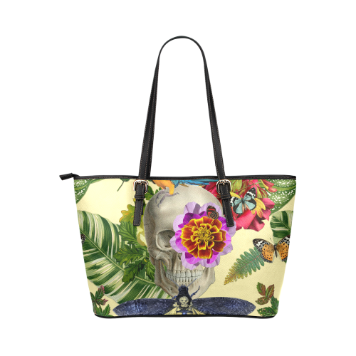 Tropical skull Leather Tote Bag/Small (Model 1651)