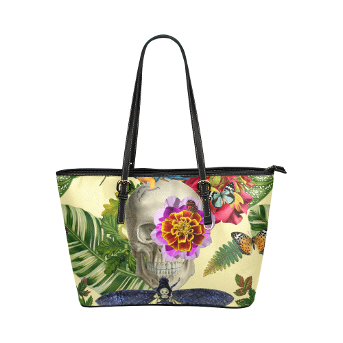 Tropical skull Leather Tote Bag/Small (Model 1651)