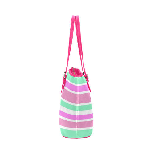 Pink Green Stripes Pattern Leather Tote Bag/Large (Model 1651)