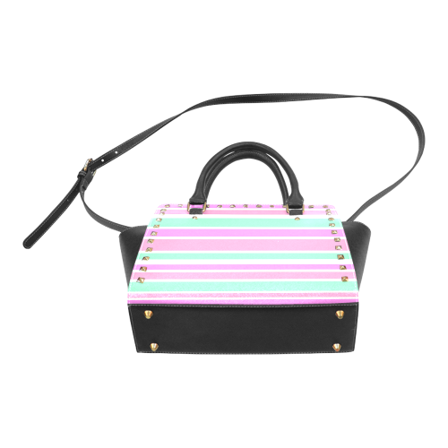 Pink Green Stripes Pattern Rivet Shoulder Handbag (Model 1645)
