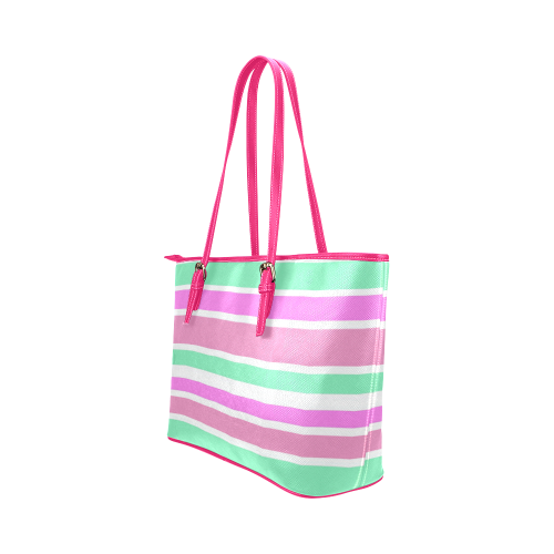 Pink Green Stripes Pattern Leather Tote Bag/Large (Model 1651)