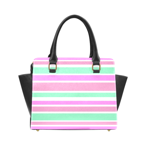 Pink Green Stripes Pattern Rivet Shoulder Handbag (Model 1645)