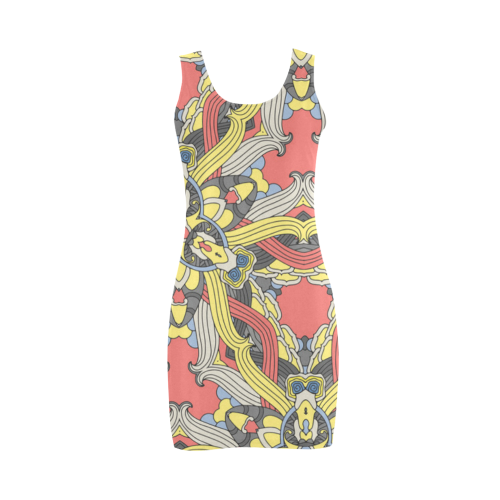 Zandine 0201 pink yellow vintage floral pattern Medea Vest Dress (Model D06)