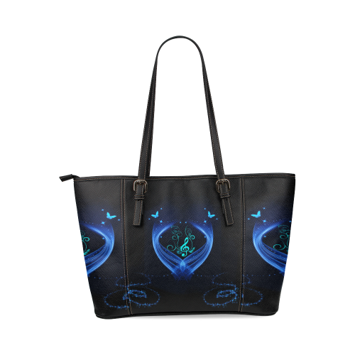 Blue clef with glowing butterflies Leather Tote Bag/Small (Model 1640)