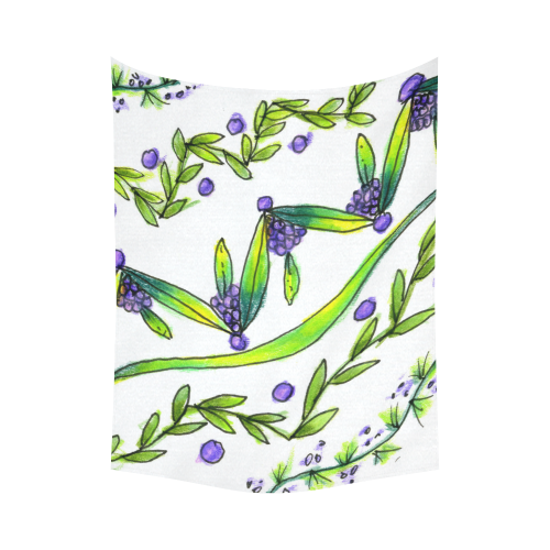 Dancing Greeen, Purple Vines, Grapes Zendoodle Cotton Linen Wall Tapestry 60"x 80"