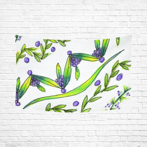 Dancing Greeen, Purple Vines, Grapes Zendoodle Cotton Linen Wall Tapestry 90"x 60"