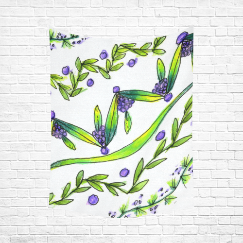 Dancing Greeen, Purple Vines, Grapes Zendoodle Cotton Linen Wall Tapestry 60"x 80"