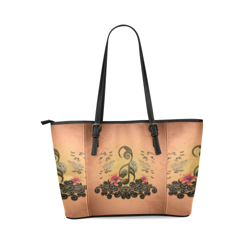 Wonderful key notes with floral elements Leather Tote Bag/Small (Model 1640)