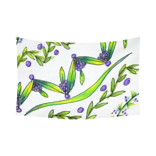 Dancing Greeen, Purple Vines, Grapes Zendoodle Cotton Linen Wall Tapestry 90"x 60"