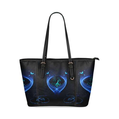 Blue clef with glowing butterflies Leather Tote Bag/Small (Model 1640)
