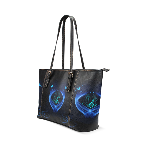 Blue clef with glowing butterflies Leather Tote Bag/Small (Model 1640)