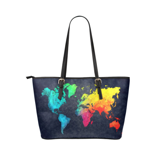 world map 8 Leather Tote Bag/Large (Model 1651)