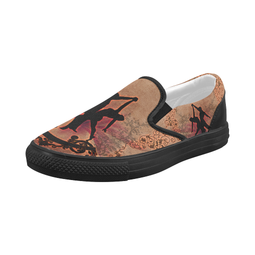 Wonderful dancing couple with floral elements Women's Slip-on Canvas Shoes (Model 019)