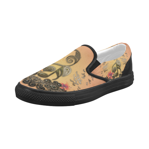 Wonderful key notes with floral elements Women's Slip-on Canvas Shoes (Model 019)