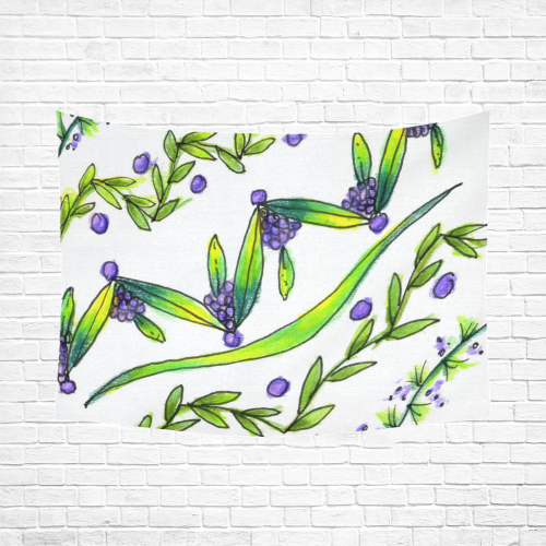 Dancing Greeen, Purple Vines, Grapes Zendoodle Cotton Linen Wall Tapestry 80"x 60"