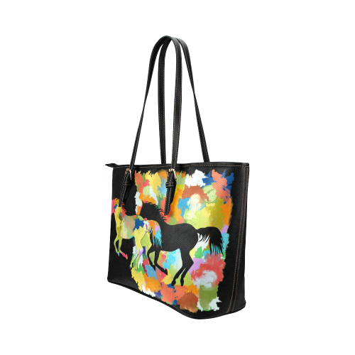 Horse  Shape Galloping out of Colorful Splash Leather Tote Bag/Large (Model 1651)