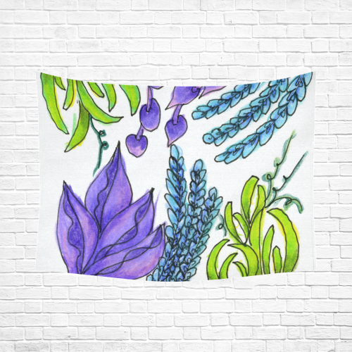Purple Green Blue Flower Garden, Dancing Zendoodle Cotton Linen Wall Tapestry 80"x 60"