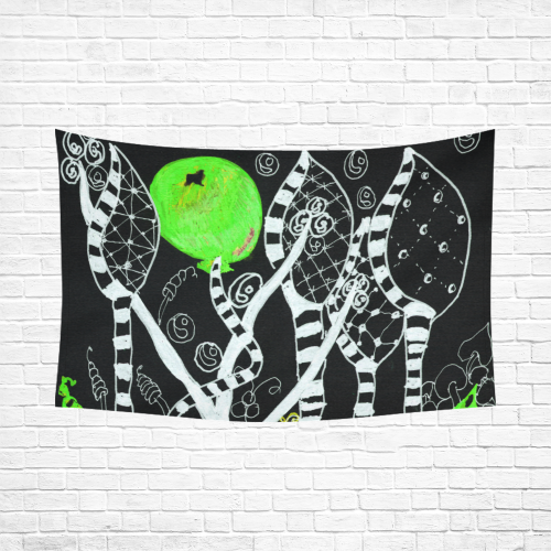 Green Balloon Zendoodle in Night Forest Garden Cotton Linen Wall Tapestry 90"x 60"