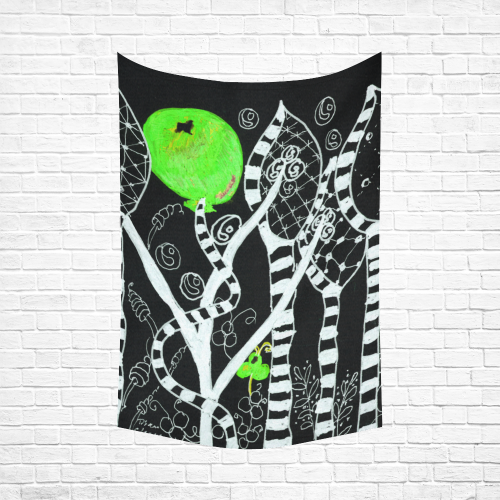 Green Balloon Zendoodle in Night Forest Garden Cotton Linen Wall Tapestry 60"x 90"