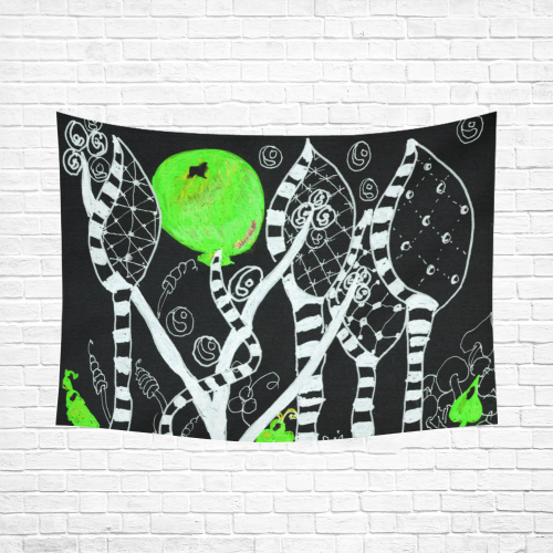 Green Balloon Zendoodle in Night Forest Garden Cotton Linen Wall Tapestry 80"x 60"