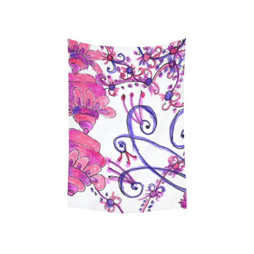 Pink Flower Garden Zendoodle, Purple Gardenscape Cotton Linen Wall Tapestry 40"x 60"