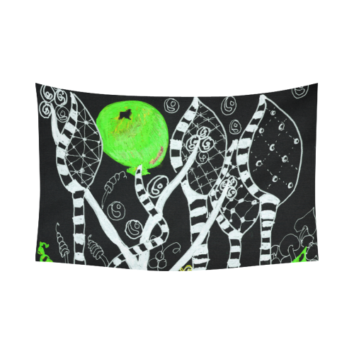 Green Balloon Zendoodle in Night Forest Garden Cotton Linen Wall Tapestry 90"x 60"