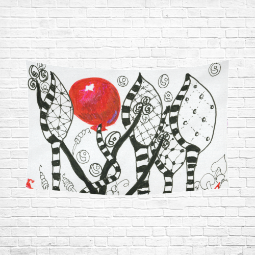 Red Balloon Zendoodle in Fanciful Forest Garden Cotton Linen Wall Tapestry 90"x 60"